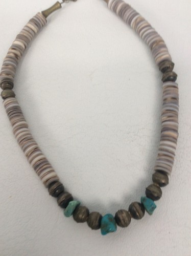 Old Pawn Native American Navajo Silver Bench Beads Turquoise Shell necklace