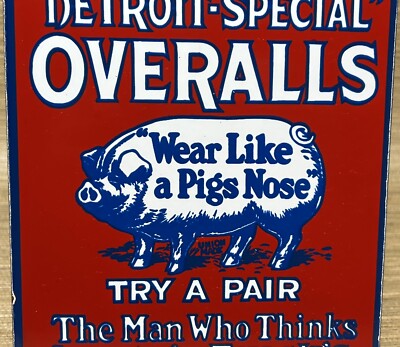 VINTAGE FINCK'S OVERALLS PORCELAIN SIGN PIG FARM FINKS LEVIS LEE