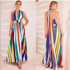 BOSTON PROPER sz 2 Pleated Wild Halter Maxi Sundress Multi