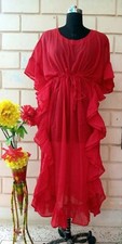 Indian Red Frill Bridal Wedding Caftan Nightwear's Cotton Cover Up Cotton Kaftan
