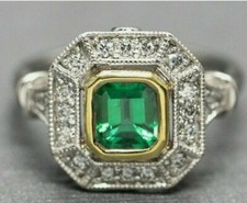 Art Deco Style Emerald Lab Created Diamond 14K White Gold FN Engagement Ring