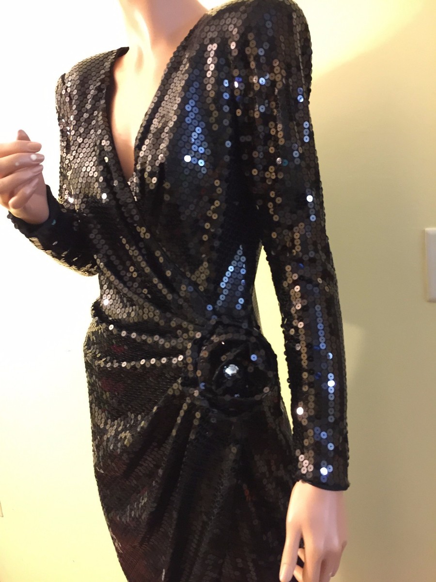 designer black sequin dress Pamella Roland Black Sequin Off-Shoulder Gown