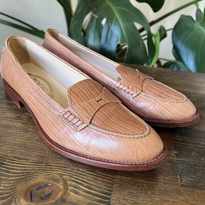 Tod’s Brown Croc Leather Penny Loafers With Drivers Heel $795