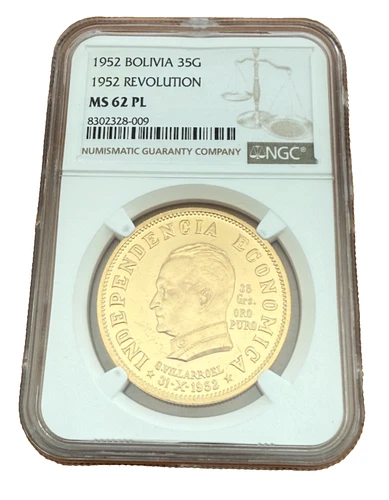 Bolivia 1952 Gold 35 Gramos ( 50 bolivianos) NGC MS62PL 1952 Revolution