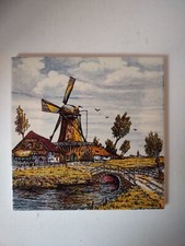 Vintage DELFT Dutch Ceramic Tile Canal Scene Windmill Hand Painted fr. Holland