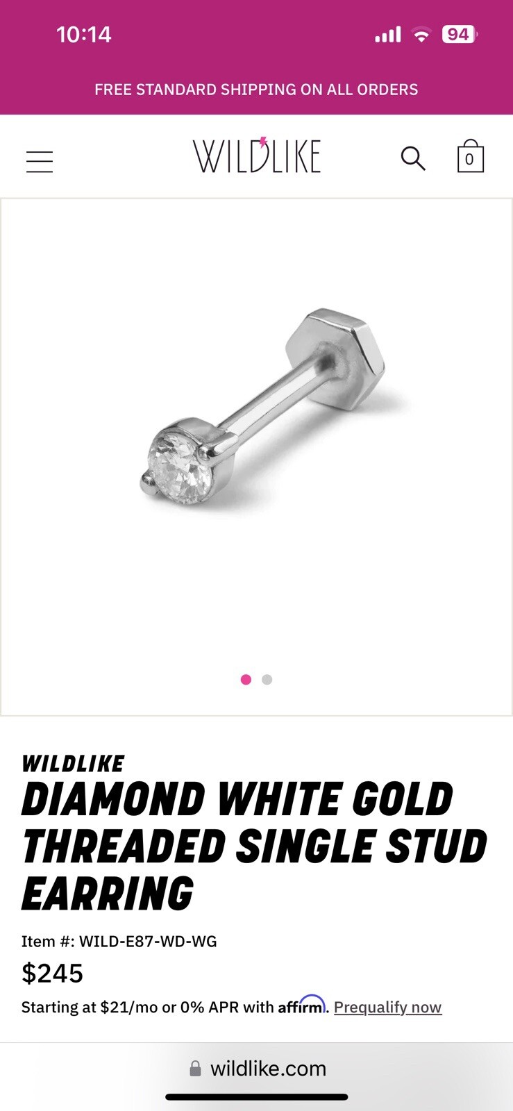 Diamond White Gold Threaded Single Stud Earring - image 2