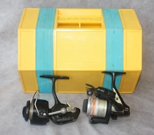 Rolykit yellow storage box with fishing tackle, Garcia Mitchell & Shimano Reels