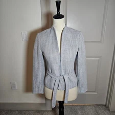 Lafayette 148 New York  Tweed Blazer Suit Cardigan Women Size 0 Belt Gray White
