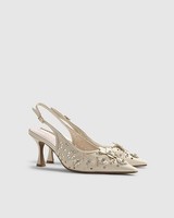 River Island Womens Slingback Court Shoes Cream 3D Floral Buckle Heels Pointed