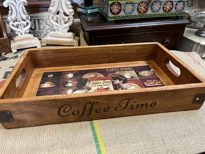 VINTAGE STIL HOLZ SERVIERTABLETTS KAFFEEZEIT 42x24x7cm