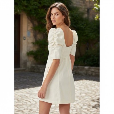 Free People Cheyenne Cream Puff Sleeve Square Neck Smock Denim Mini Dress  Medium | eBay