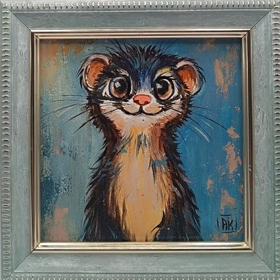 Original oil painting Ferret Naive art Artist's signature Framed Size 4*4 inches