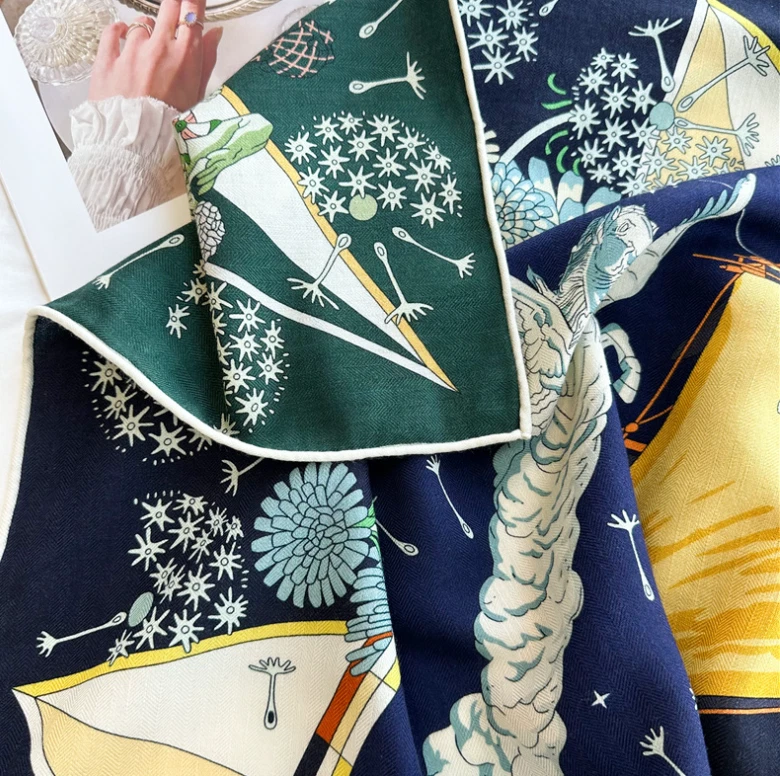 70% Cashmere 30% Silk Wrap Scarf Yellow ship Print Double Face Print Shawl 53'' - Image 3 of 4