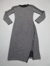 DKNY Dress Womens S Gray Herringbone Sweater Midi Sheath Long Sleeve Zip asymetr