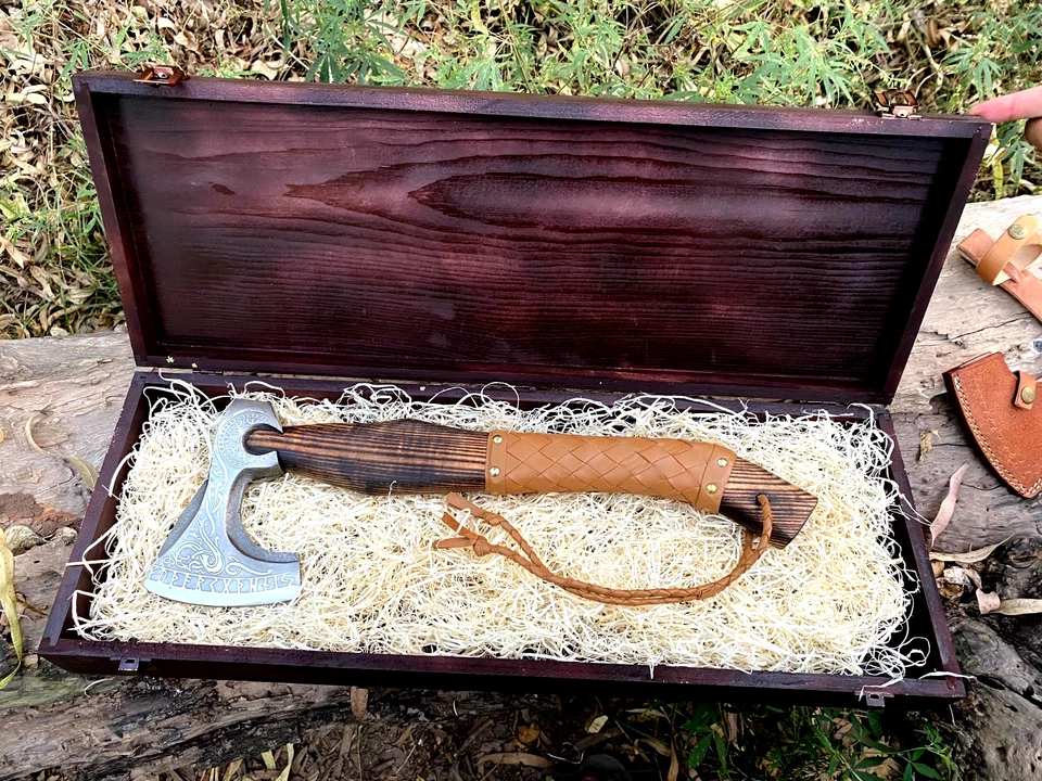 Custom Handmade Viking Axe & Wooden Box  - Personalized Gift Hand Forged Hatchet - Image 3 of 4
