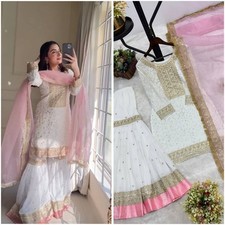 Beautiful White Faux Georgette Sharara Suit With Organza Silk Dupatta For Party