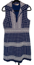 Tory Burch Carlsbad Tweed Dress Size 10 Blue White Windowpane Check Fringe Mini