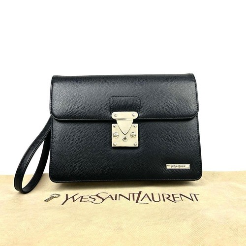 Yves Saint Laurent Clutch Bag Saffiano Leather Black Unisex Used Authentic