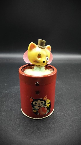 VTG 1950s Shackman Japan Cat Jack In The Box Tin Toy Kitten Top Hat Monocle