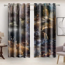 Rustic Lodge Curtains Wildlife Wolf Bear Elk Duck Country Style Blackout Curt...