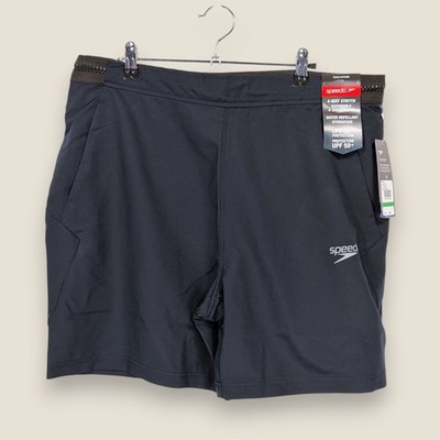 Speedo Board Shorts Mens Large Black 4-Way Stretch UPF 50+ Swim Trunks