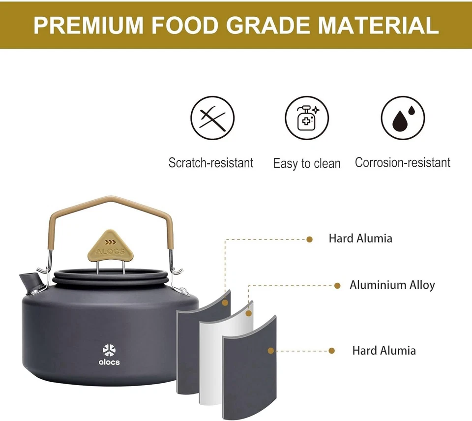 Hervidor de agua para camping Alocs 1,1 cuartos/1 L - Cafetera y tetera ligera de aluminio para exteriores Foto 4 de 4
