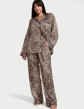 NWT Victoria  s Secret SATIN Embroidered Collar Pajama Vintage Tan Leopard SZ S
