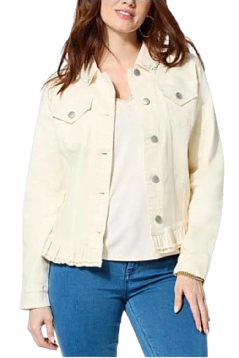 G by Giuliana Women's Ruffle Bottom Denim Jacket Natural