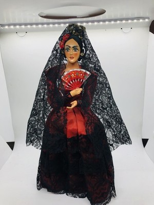 Vintage Spanish lady doll 12 inch red dress on stand as is