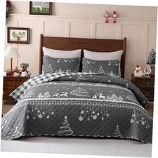 Christmas King Quilt Bedding Set, 3-Piece King 96"x106" Grey Christmas Tree