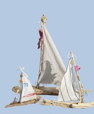 Hand Made Art Driftwood Cloth Sailboats 5.5 - 14.5 Tall Set Of 3