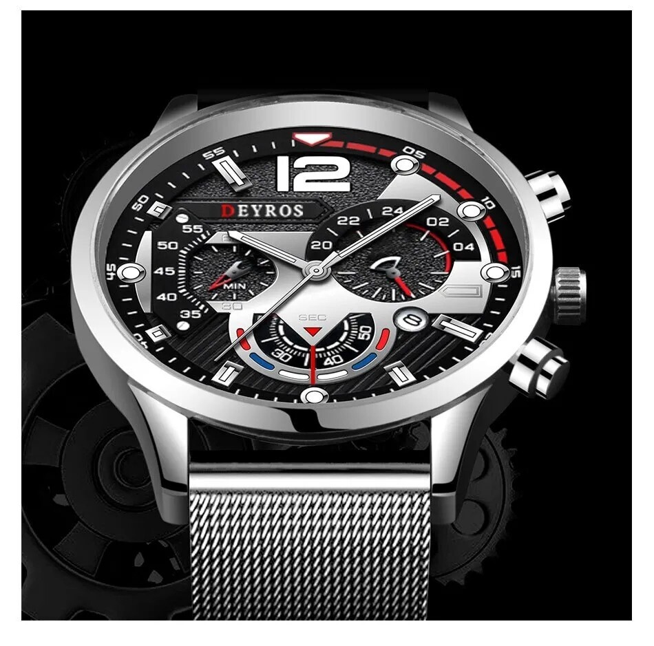 Ensemble 3 Pièces Montre Homme Sport élégante - Montre Métal Argenté + Gourmette - Neuf Avec étiquettes