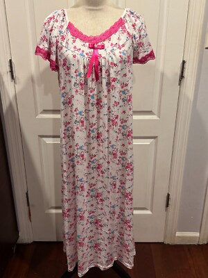 Women Short Sleeve White Nightgown Hot Pink Floral Front Lace Sz XL 47''L x 26''W