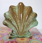 Vintage Frankoma Plainsman Prairie Green Clam Shell Vase  A1