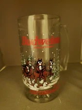 VTG 1989 Anheuser Busch Budweiser Clydesdales Holiday 12 oz Glass Beer Stein Mug