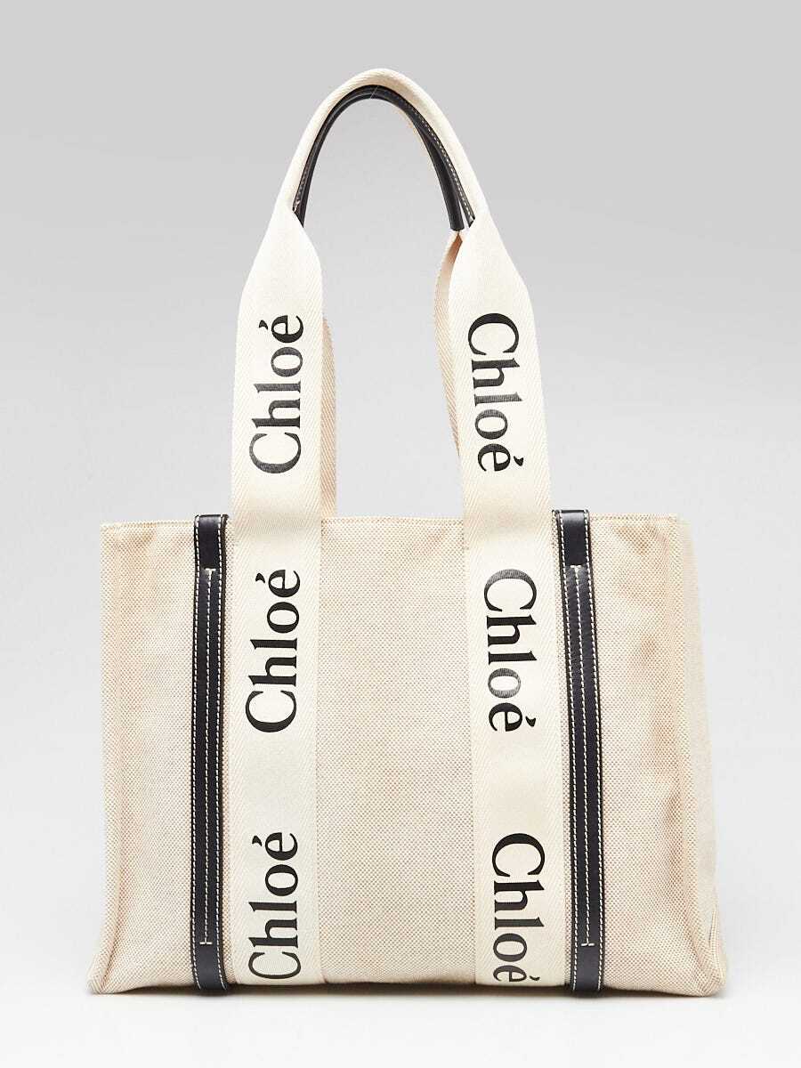 Chloe Beige/Black Canvas/Leather Medium Woody Tote Bag | eBay