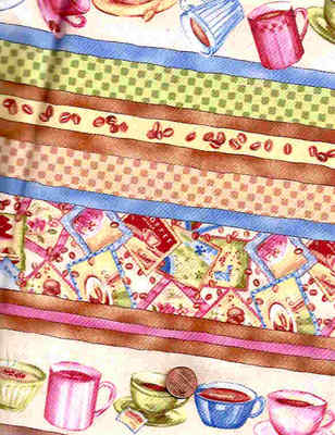 Lets Do Coffee tan cups beans stripe kitchen fabric