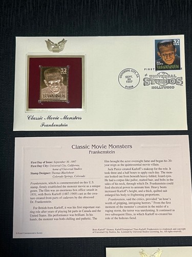 1997 Universal Studios Monsters Complete Set of FDC 22ct Gold Stamps - Picture 3 of 17