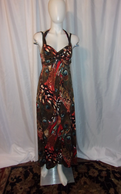 MAURICES Women's Peacock Print Dual Strap Halter Maxi Dress SIZE S | eBay