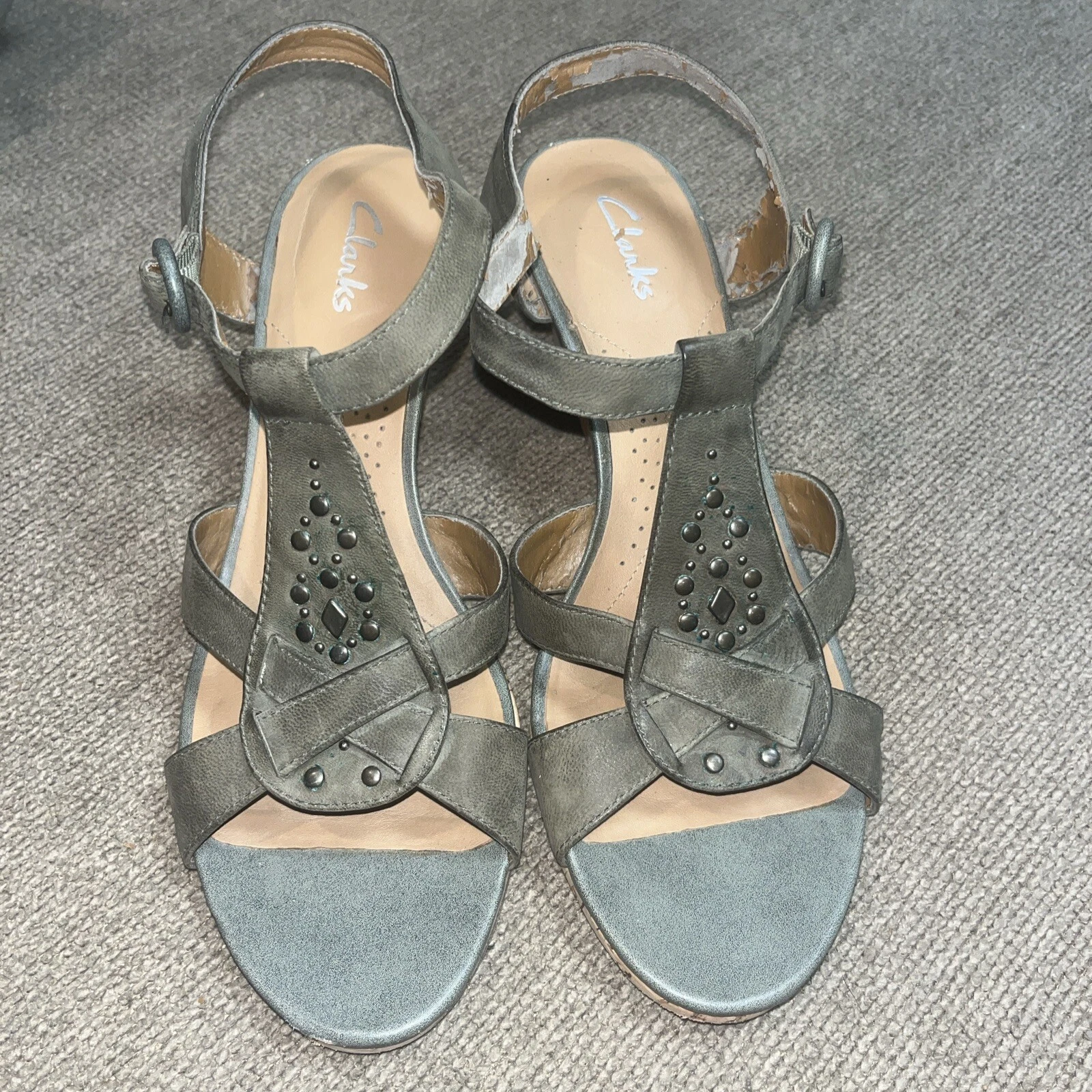 Sandali Clarks Pieghevoli Donna 9M Verde Oliva Pelle Perline Sughero Zeppe