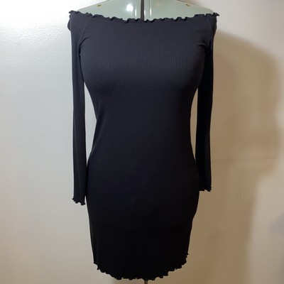 H&M Black Ribbed L Off Shoulder Ruffle Edge Neckline, Cuff, Hem Sheath Dress NWT