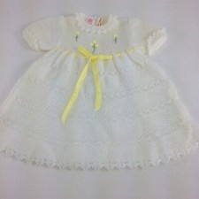 Vintage 80s Baby Girl White Handknit/Crochet Dress Infant Yellow Flowers Ribbons