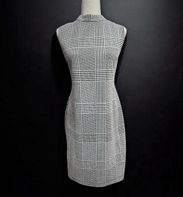 Sharagano Sleeveless Body Con Sheath Dress Black & White Houndstooth Plaid Sz 14