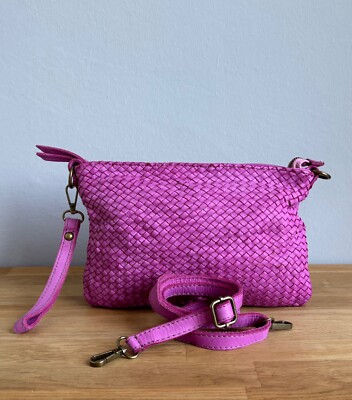 Handtasche Clutch Tasche Pink Cross Over Bag  Italy Damen Leder geflochten