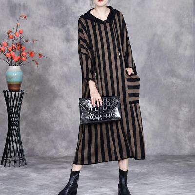 2024 Fall Winter Womens Loose Striped Dresses Batsleeve Long Knitting  Dresses Sz | eBay