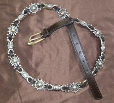 Southwestern Brown Leather Concho Belt Metal Medallion Boho Women's 44"