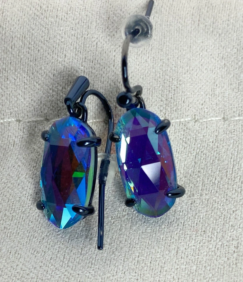 Kendra Scott Lemmi Oval Dangle Drop Earrings Navy Gunmetal Indigo Dichroic Glass - Image 2 of 4