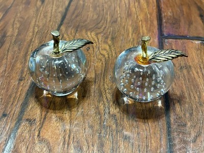2 VTG. Clear Apple Art Glass Paperweight Control Bubbles Brass Leaf & Stem