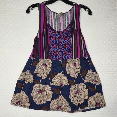One September Anthropologie Floral Striped Embroidered Tunic Top Navy Pink Small