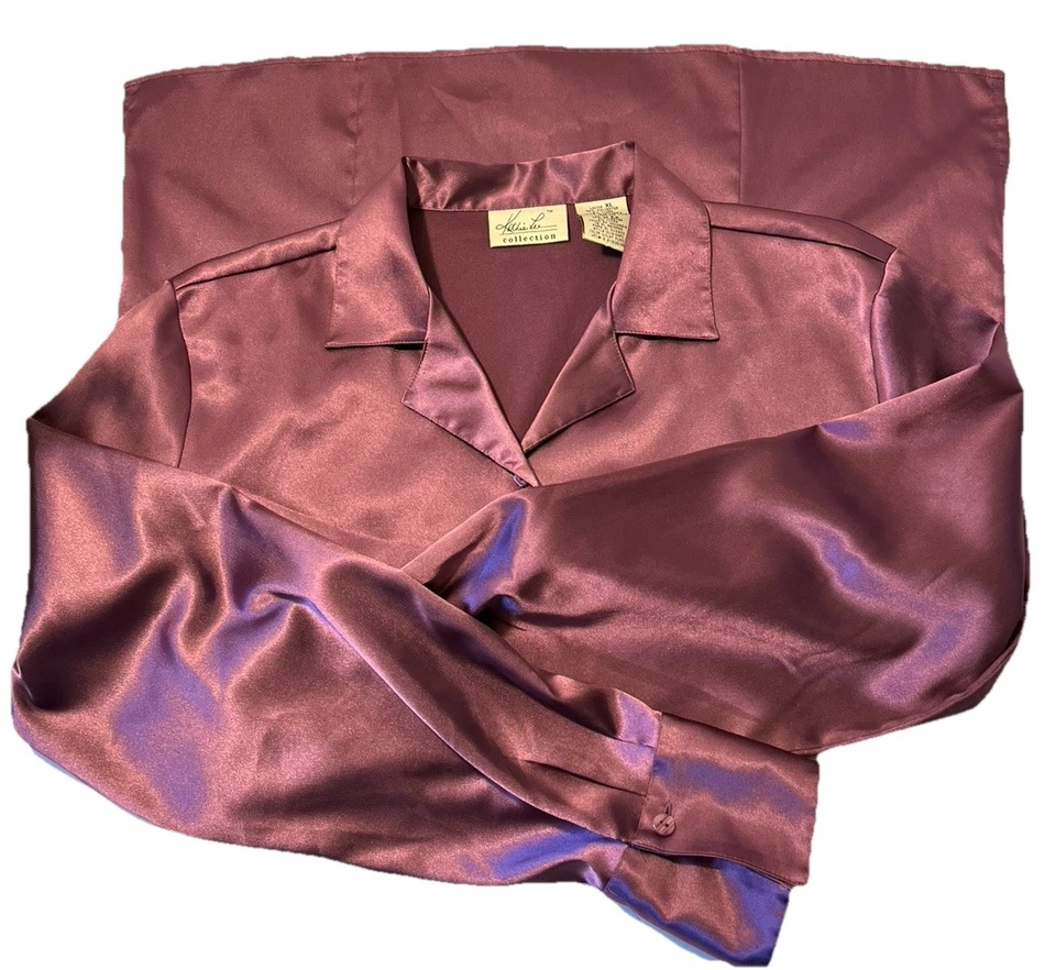 Blusa KATHIE LEE Wms XL púrpura satinado botón manga larga cuello Foto 3 de 4